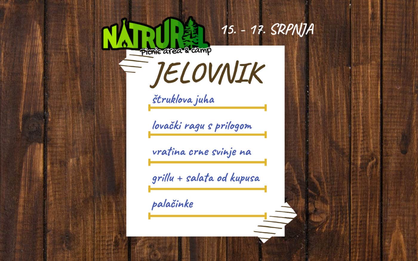 Restoran Natrural Žumberak - Jelovnik, 15. - 17. srpnja 2022.